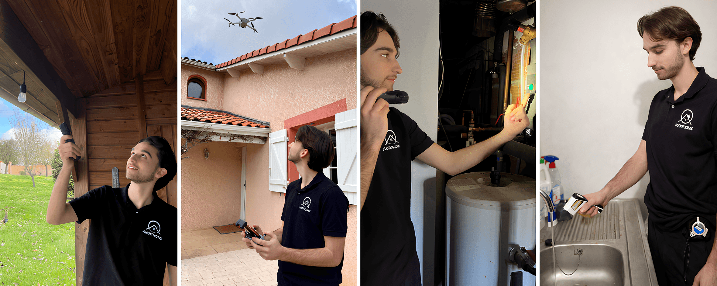 L'équipe AUDITHOME en intervention : inspection de charpente, survol drone de toiture, contrôle des installations techniques et mesures de qualité de l'eau